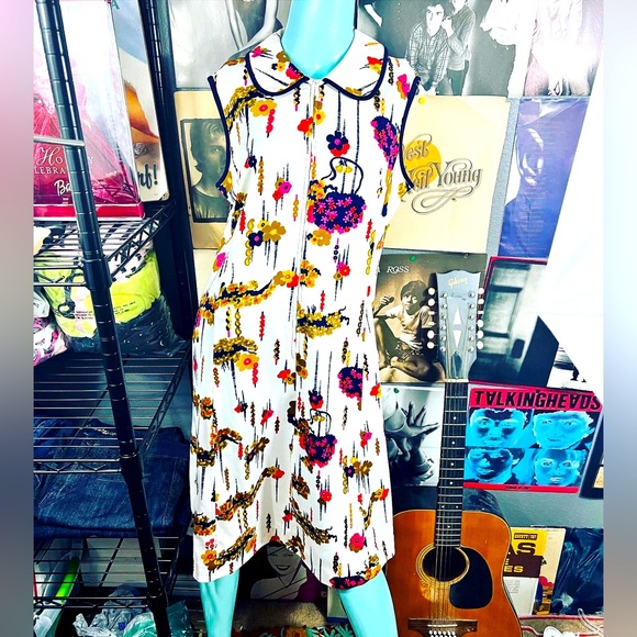 🔥VINTAGE MOD 1960’s TWIGGY STYLE FLORAL RETRO DRESS L/XL - Picture 1 of 9